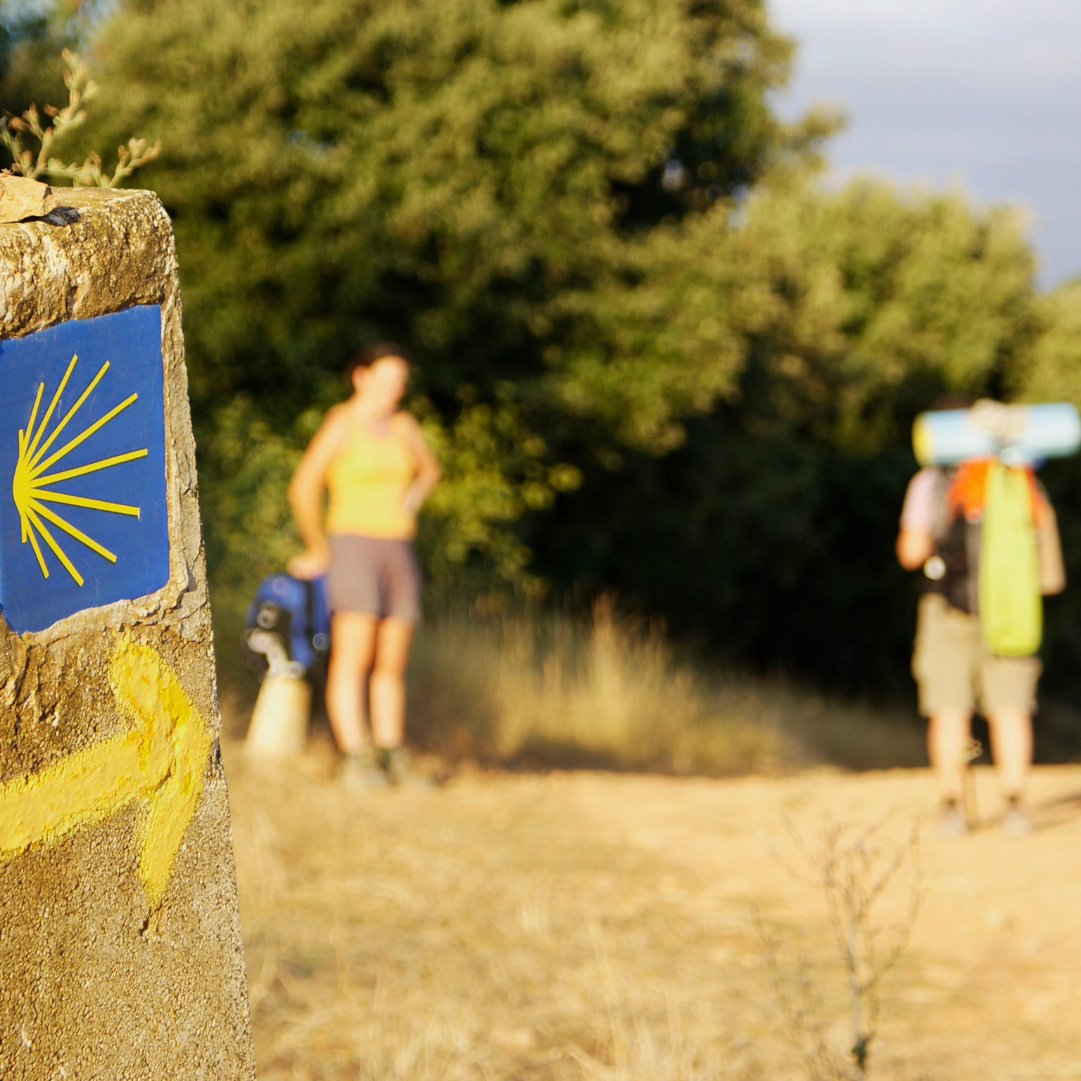 Hikers on the Camino de Santiago with signposting and arrow pointing the way