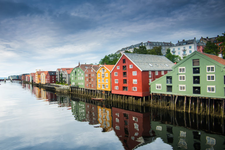 Trondheim houses along the water in Norway