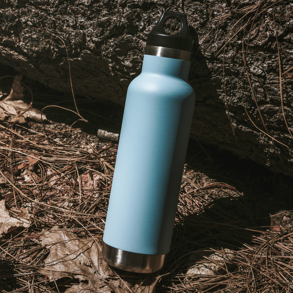 Close up of refillable blue water bottle